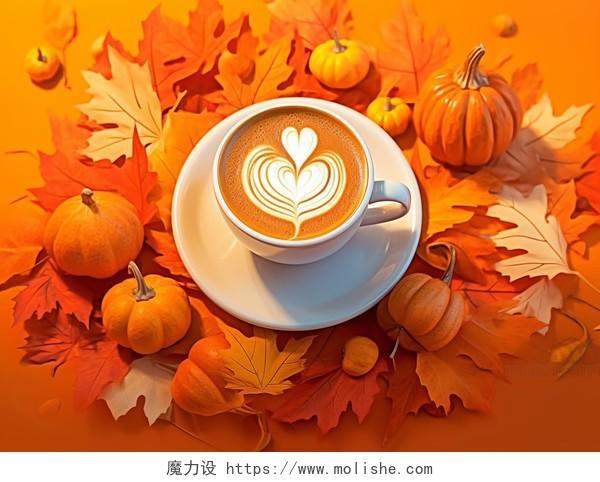 橙色背景上一杯温暖浪漫的立秋咖啡拉花周围是秋天的落叶枫叶